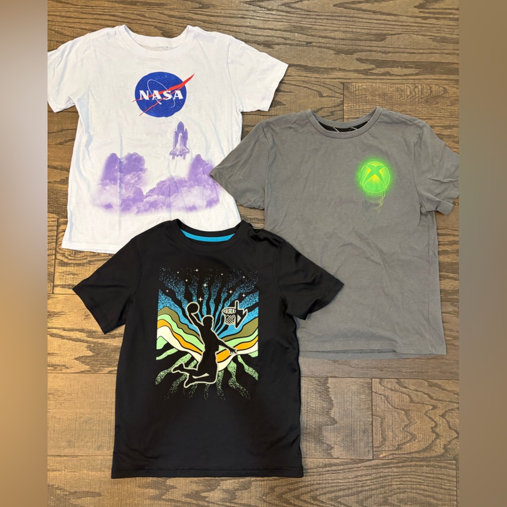 Lot of 3 Boys Size 8 Medium Athletic T-Shirts NASA Basketball Gaming Sports